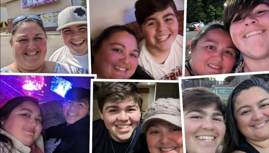 Collage of a smiling mother and her teenage son posing together in six photos.