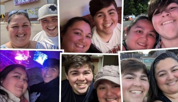 Collage of a smiling mother and her teenage son posing together in six photos.