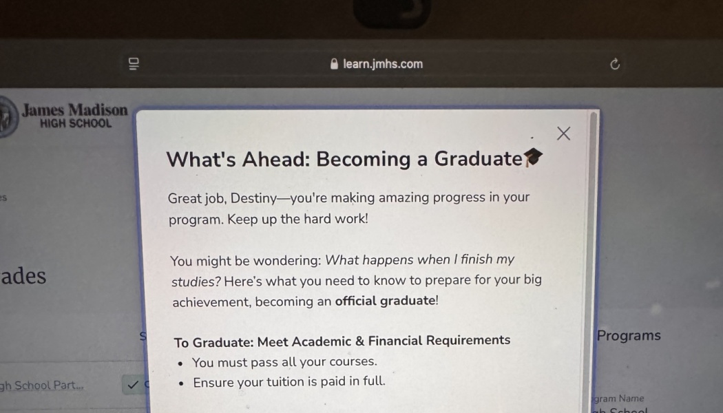 James Madison High School pop-up encouraging Destiny and listing tuition and course requirements to graduate.