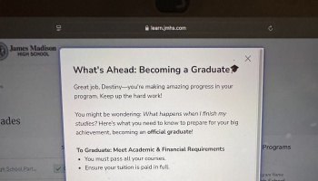 James Madison High School pop-up encouraging Destiny and listing tuition and course requirements to graduate.