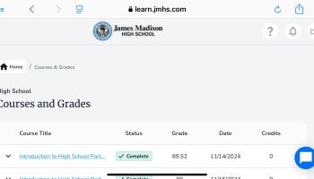 James Madison High School online grade portal showing a completed course with a grade of 89.52.