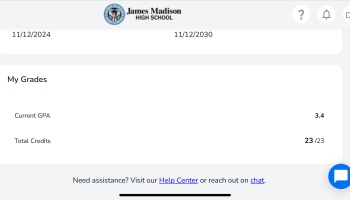 James Madison High School student portal showing a 3.4 GPA and 23/23 total credits.