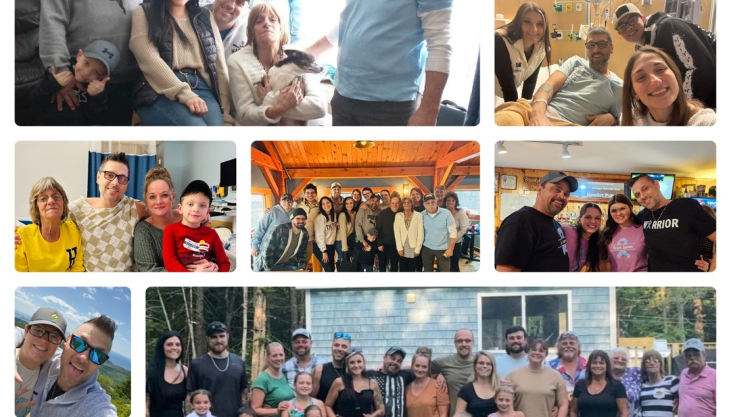 A photo collage showing a family and friends smiling together in various group photos and hospital visits.