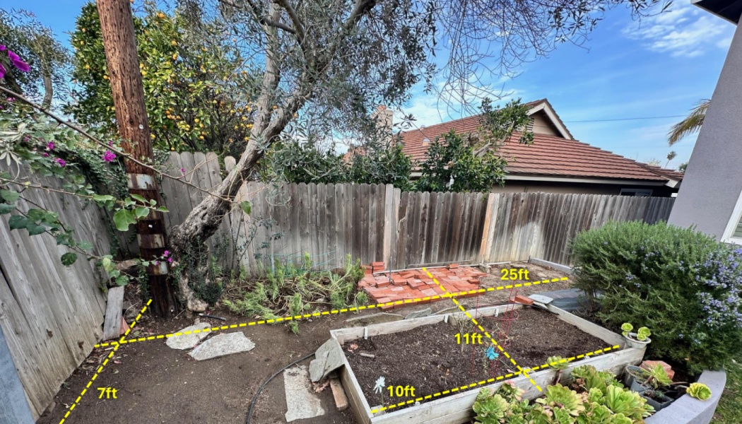 Backyard garden with a raised bed and yellow dotted lines showing dimensions of 7ft, 10ft, 11ft, and 25ft.