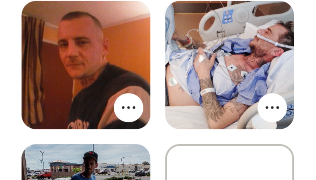Grid of photos showing a tattooed man in daily life and lying in a hospital bed attached to medical equipment.