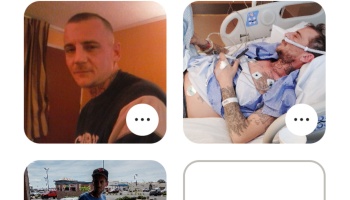 Grid of photos showing a tattooed man in daily life and lying in a hospital bed attached to medical equipment.