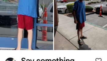 Two views of a man standing outside wearing an oversized blue shirt, red shorts, and sandals.