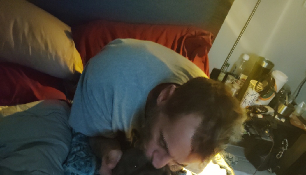 A man in a grey t-shirt leans over to gently kiss a small black dog in bed.