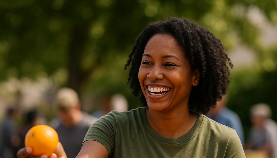 A smiling Black woman in a green shirt holds out a fresh orange at an outdoor community event.