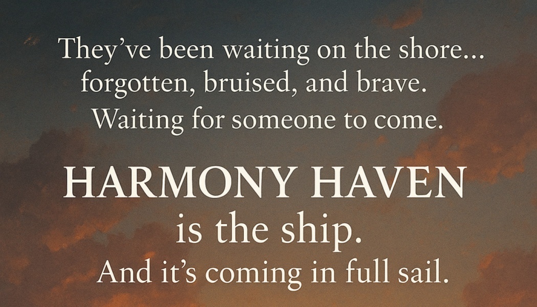 Sunset sky with text: "They've been waiting on the shore... HARMONY HAVEN is the ship. And it's coming in full sail."