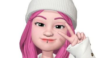 3D digital avatar with bright pink hair, a white beanie, facial piercings, and green eyes, making a peace sign.