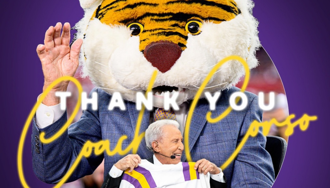 Person wearing a suit and tiger mascot head waving, overlaid with text reading "THANK YOU Coach Corso."