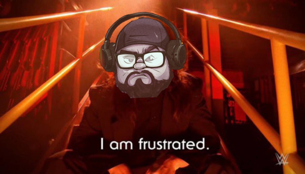 Annoyed cartoon gamer avatar overlaid on a red-lit staircase with caption reading, "I am frustrated."