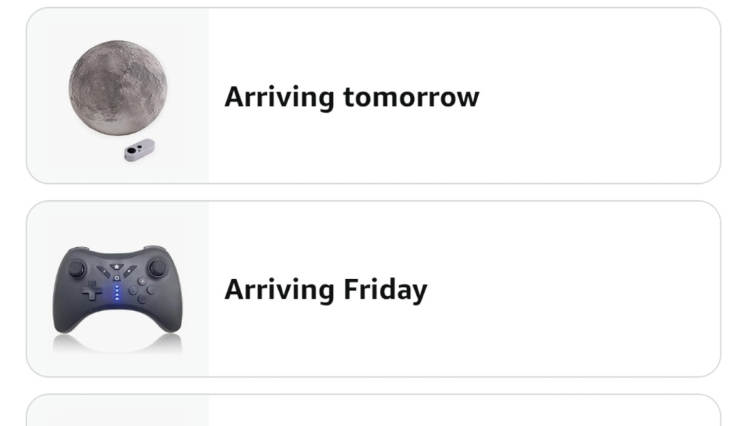Delivery status cards showing a moon lamp arriving tomorrow and a black game controller arriving Friday.