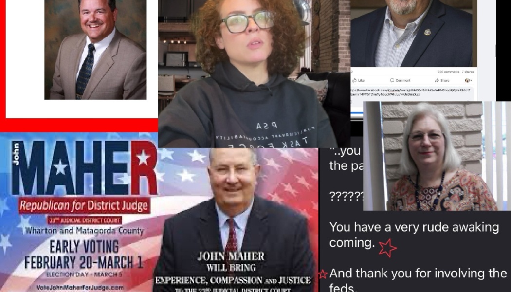 Collage featuring portraits of several individuals alongside a political campaign poster for John Maher for District Judge.