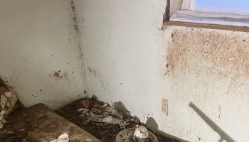 A severely neglected room corner with mud-stained walls, trash, debris, and a dirty mattress on the floor.