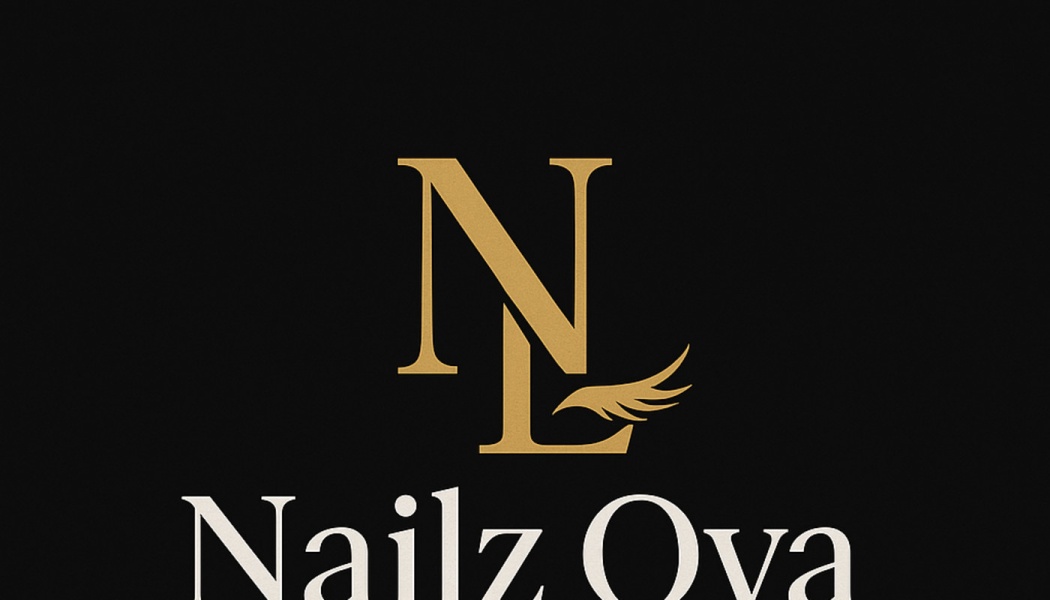 Gold NL monogram logo with a wing accent above white text reading "Nailz Ova" on a black background.