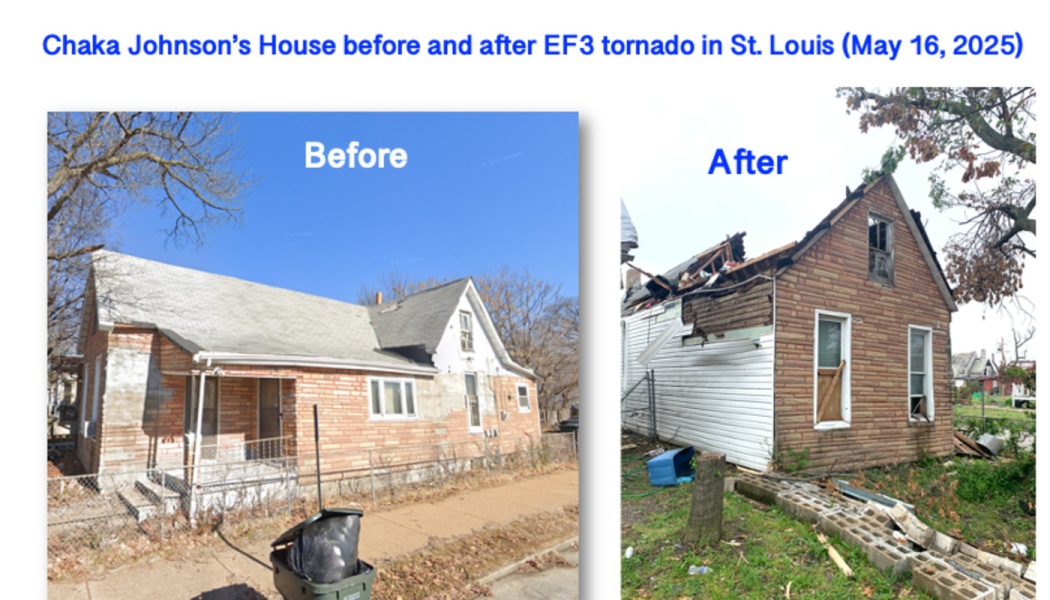 Side-by-side comparison of a house before and after a tornado showing severe roof and structural damage.