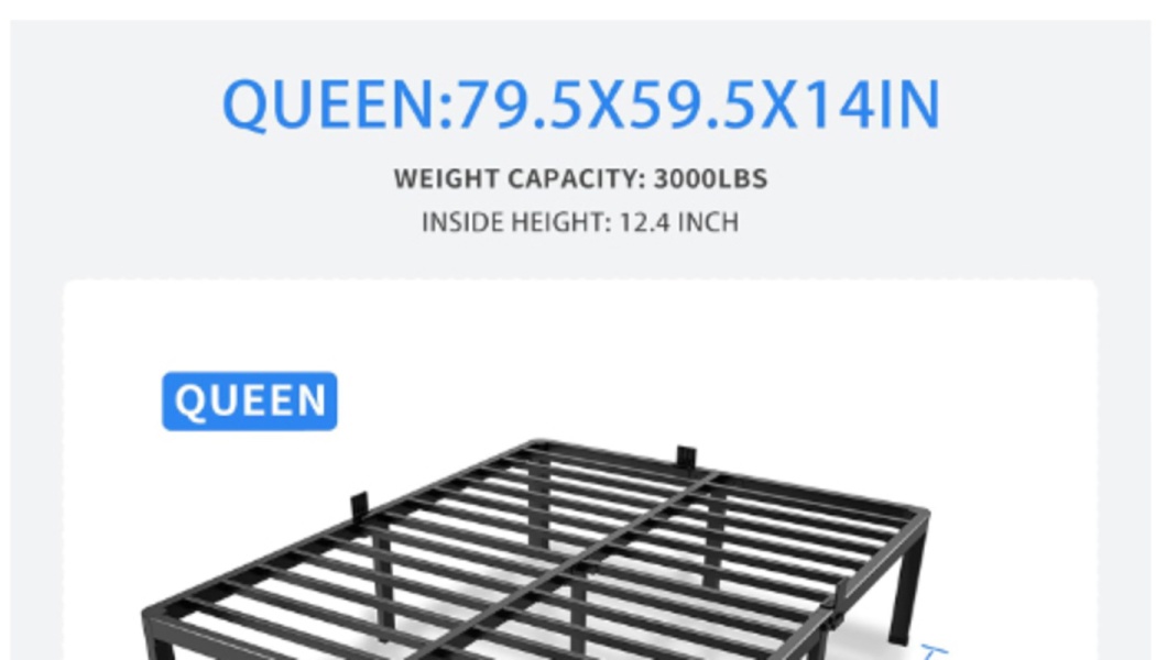 Queen-size black metal bed frame with dimensions 79.5x59.5x14 inches and 3000 lbs weight capacity.