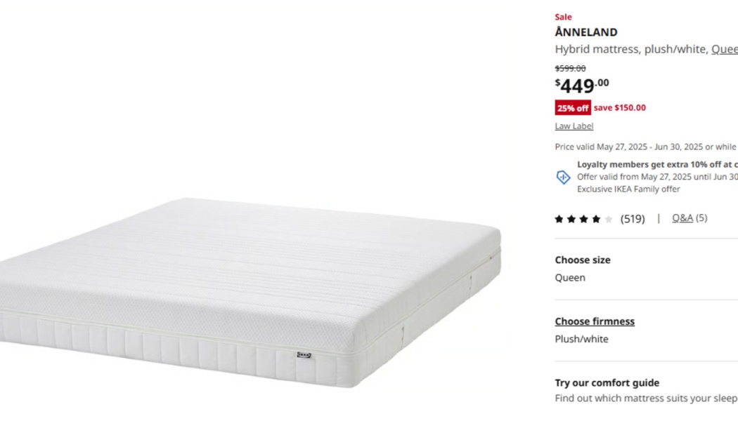 IKEA ÅNNELAND plush white queen hybrid mattress product listing showing a sale price of $449.