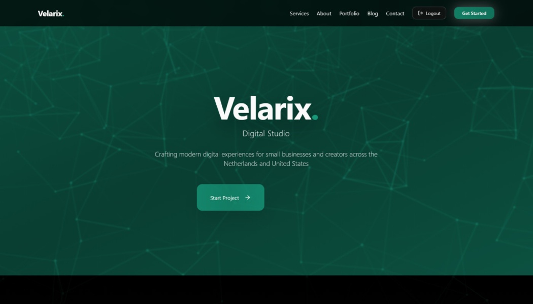 Velarix Digital Studio website homepage with a dark green geometric background and a Start Project button.