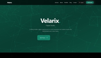 Velarix Digital Studio website homepage with a dark green geometric background and a Start Project button.