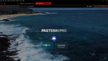 Pastebin Pro landing page featuring an aerial ocean background with Public Access and Private Access buttons.