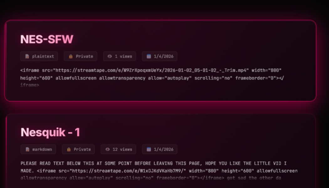 Dark interface displaying code entries titled "NES-SFW" and "Nesquik - 1" with HTML video embed tags.