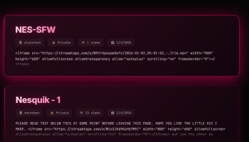 Dark interface displaying code entries titled "NES-SFW" and "Nesquik - 1" with HTML video embed tags.