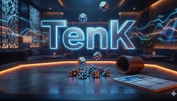 3D glowing text reading "Tenk" above glowing dice, a leather dice cup, and a score pad on a dark game table.