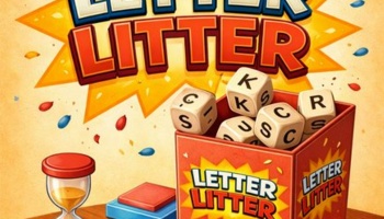Letter Litter board game logo and red box filled with letter dice next to a sand timer.