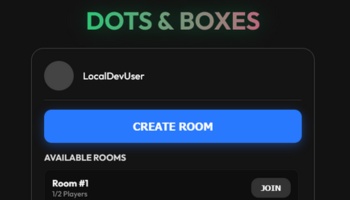 Dots & Boxes game UI showing user profile LocalDevUser, a blue Create Room button, and available room list.