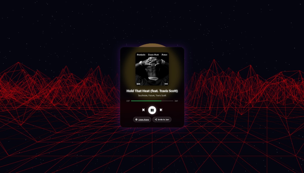 A music player widget playing "Hold That Heat" floating over a red wireframe grid landscape in starry space.