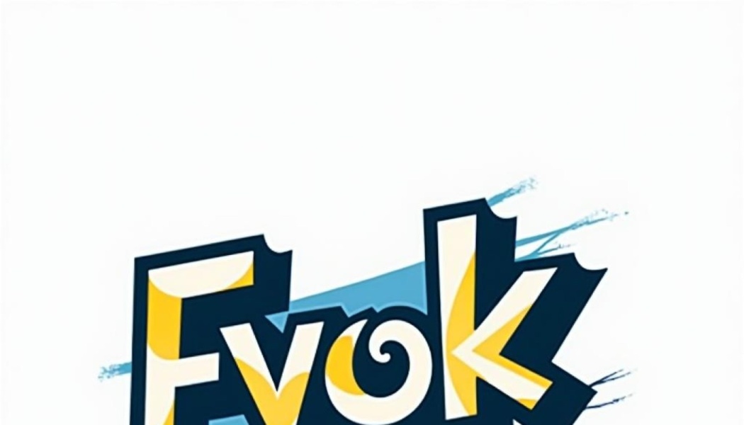 Stylized Evok text logo in yellow and cream block letters with bold dark blue outlines.