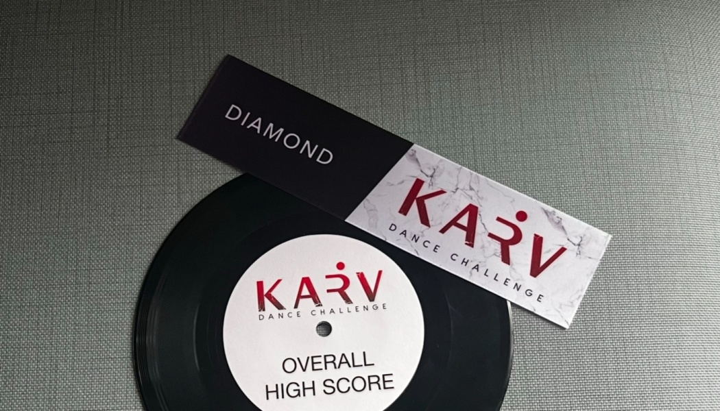 KARV Dance Challenge overall high score vinyl record award alongside a Diamond award ribbon.