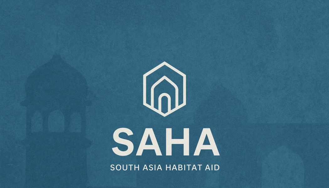 SAHA - South Asia Habitat Aid logo featuring a white geometric arch icon on a teal background.