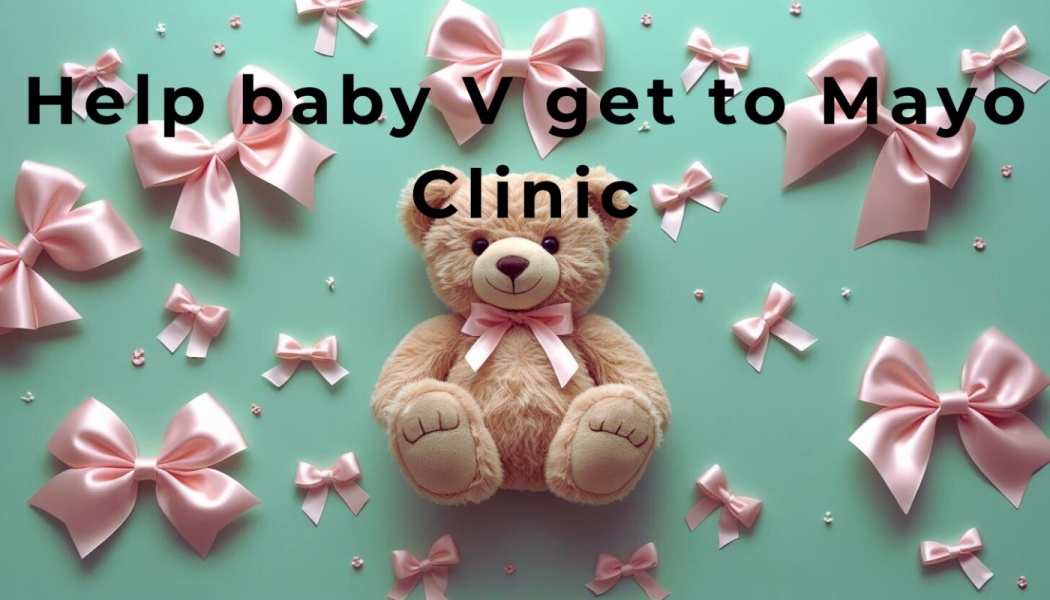 Teddy bear among pink bows on mint green with text reading, "Help baby V get to Mayo Clinic".