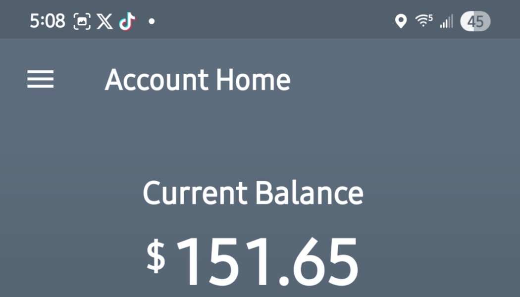 Account Home screen displaying a current balance of $151.65.