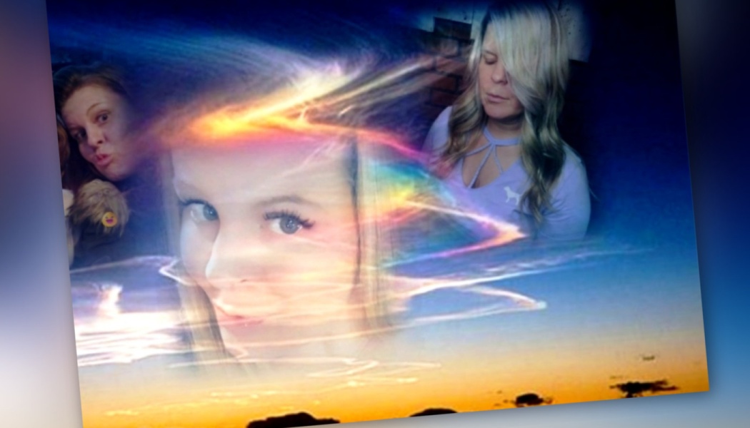 A blonde woman's face overlaid with vibrant rainbow light swirls and a sunset horizon.