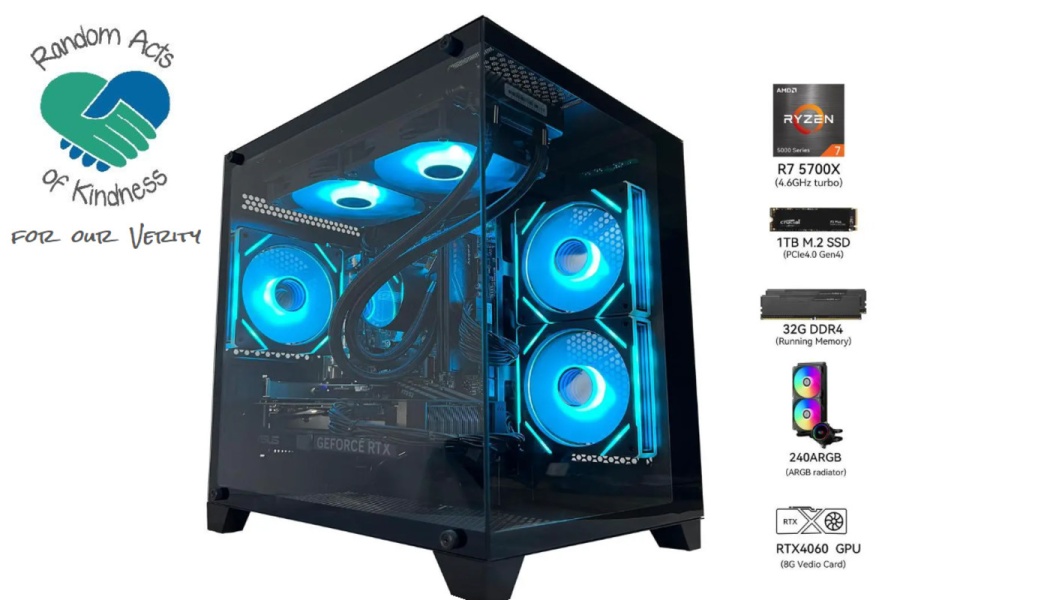 Black custom gaming PC with blue RGB lighting displayed next to component specs including Ryzen 7 and RTX 4060.