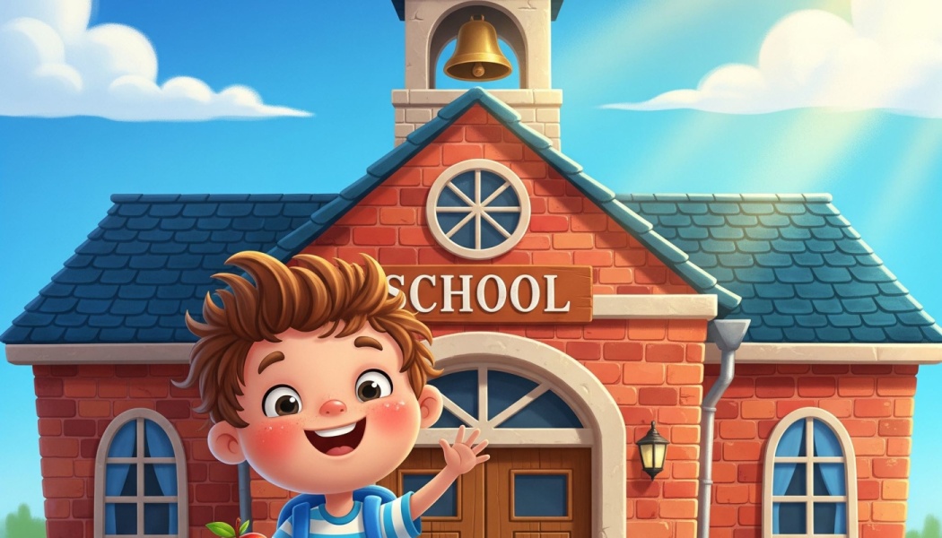 A cheerful cartoon boy waving in front of a red brick schoolhouse with a bell tower.