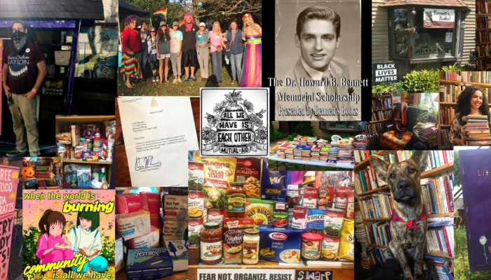 Collage showing community mutual aid, food pantry drives, Bennett's Books, pride events, and volunteer support.
