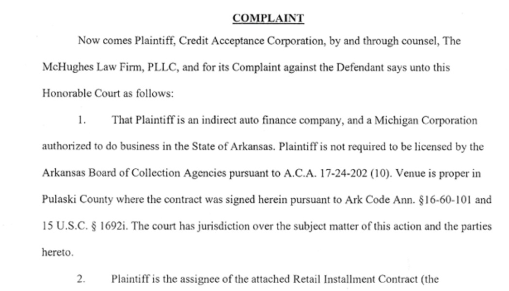 Legal court document titled COMPLAINT filed by Credit Acceptance Corporation.