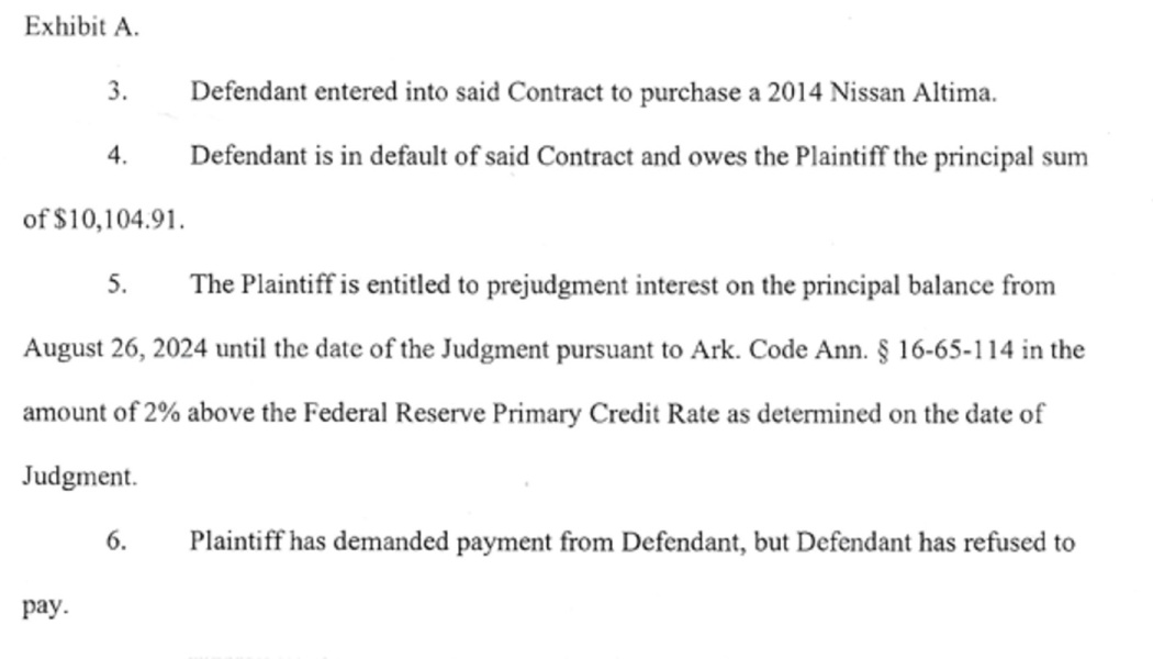 Legal document excerpt stating defendant defaulted on a 2014 Nissan Altima contract and owes $10,104.91.