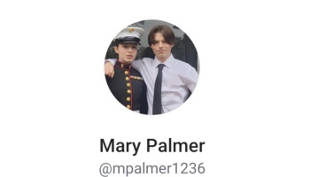 Profile card for Mary Palmer featuring a Marine in dress uniform standing next to a young man in a shirt and tie.