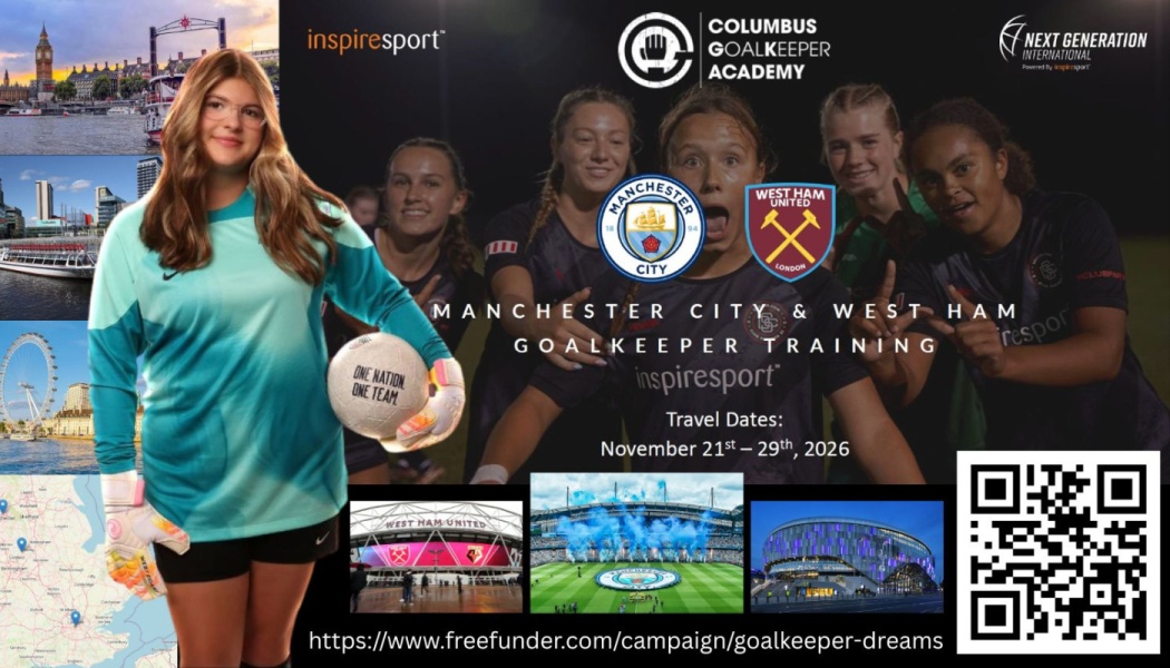 Young female soccer goalkeeper posing beside details for a Manchester City & West Ham Goalkeeper Training trip.
