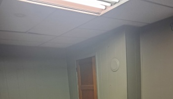 Dimly lit room with paneled walls, a wooden door, and bright overhead fluorescent light.
