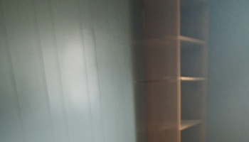 An empty wooden bookshelf stands against a wall in a blurry, dimly lit room.