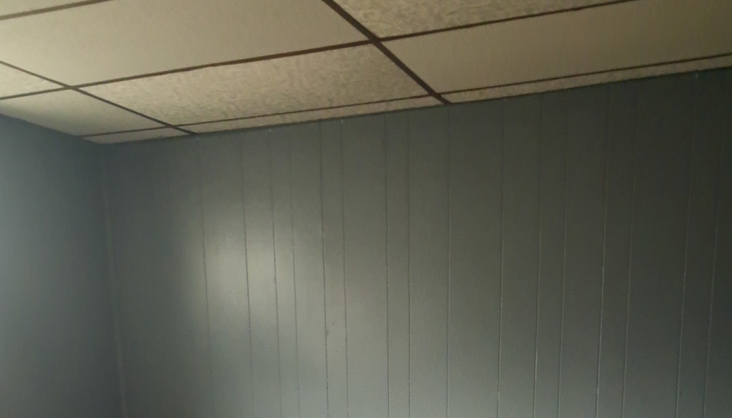 Dark gray vertical wood-paneled wall meeting a white acoustic drop ceiling.