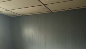 Dark gray vertical wood-paneled wall meeting a white acoustic drop ceiling.